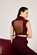 Blazer Yaka Tül Detaylı Bordo Crop Yelek